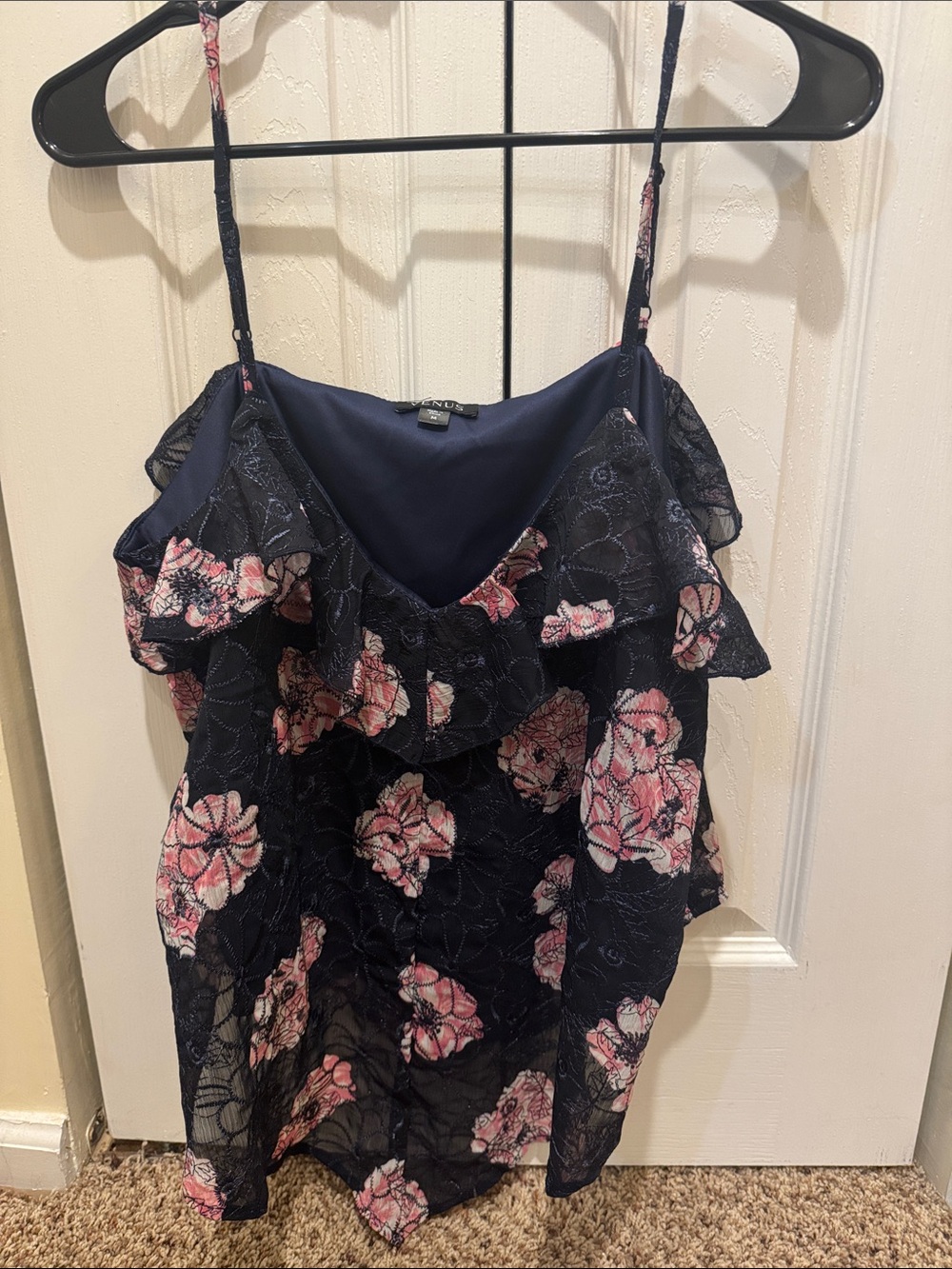 VENUS Navy Floral Lace Ruffle Cami with Pink Flowers